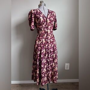 Vintage Floral Button-Down Midi Dress smart set size 3/4 flower modest prairie